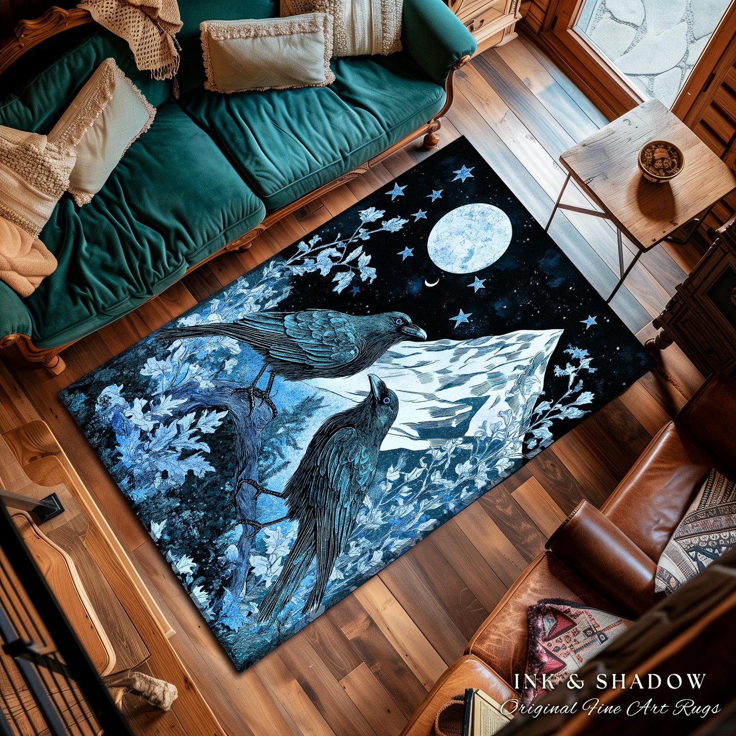 Moody Mountain Crow Accent Rug | Icy Blue Crowcore Gothic Enchantment Area Rug Whimsical Woodland Goblincore Bedroom Raven Magical Theme |