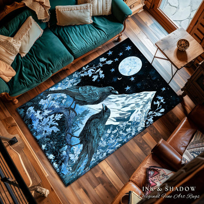 Moody Mountain Crow Accent Rug | Icy Blue Crowcore Gothic Enchantment Area Rug Whimsical Woodland Goblincore Bedroom Raven Magical Theme |