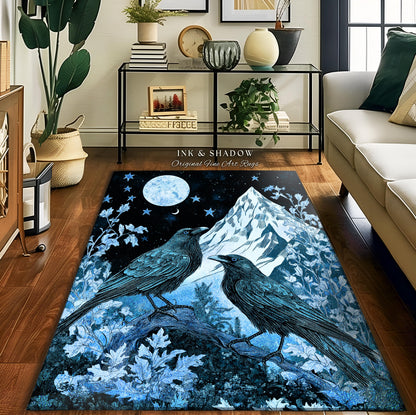 Moody Mountain Crow Accent Rug | Icy Blue Crowcore Gothic Enchantment Area Rug Whimsical Woodland Goblincore Bedroom Raven Magical Theme |