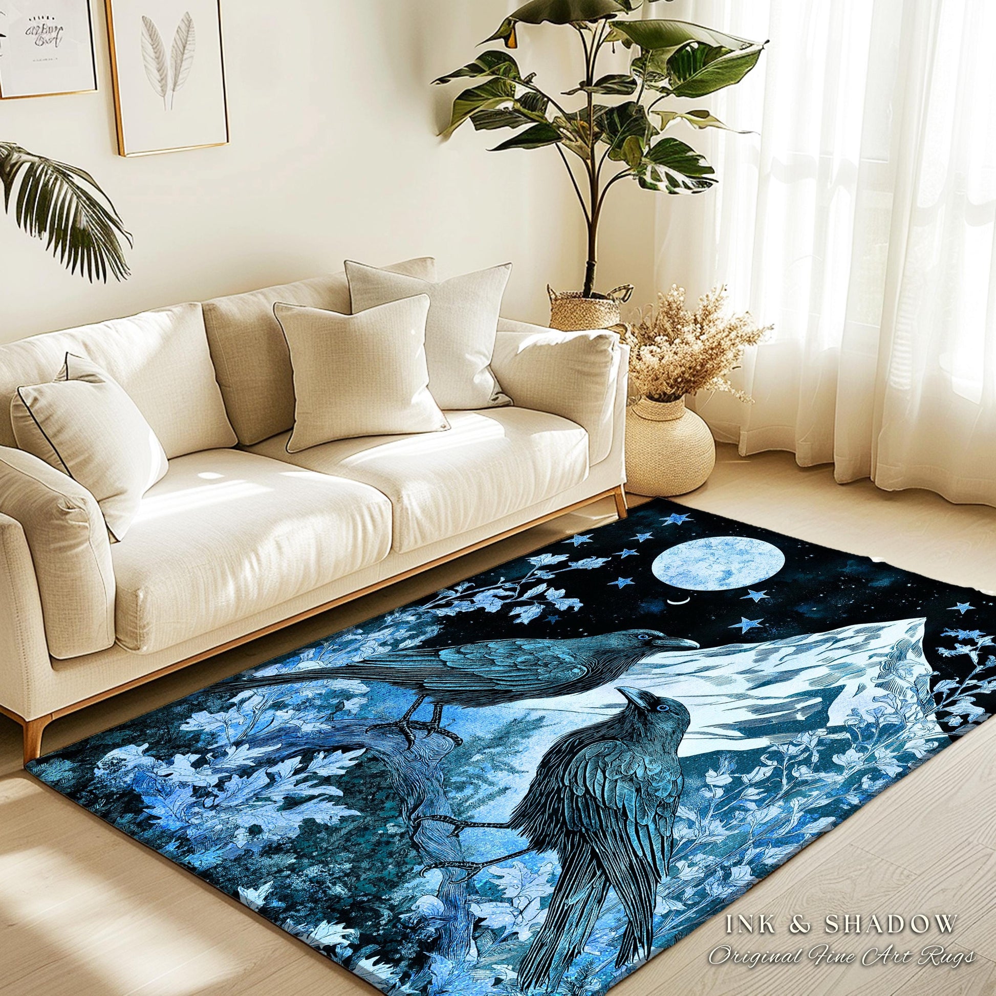 Moody Mountain Crow Accent Rug | Icy Blue Crowcore Gothic Enchantment Area Rug Whimsical Woodland Goblincore Bedroom Raven Magical Theme |