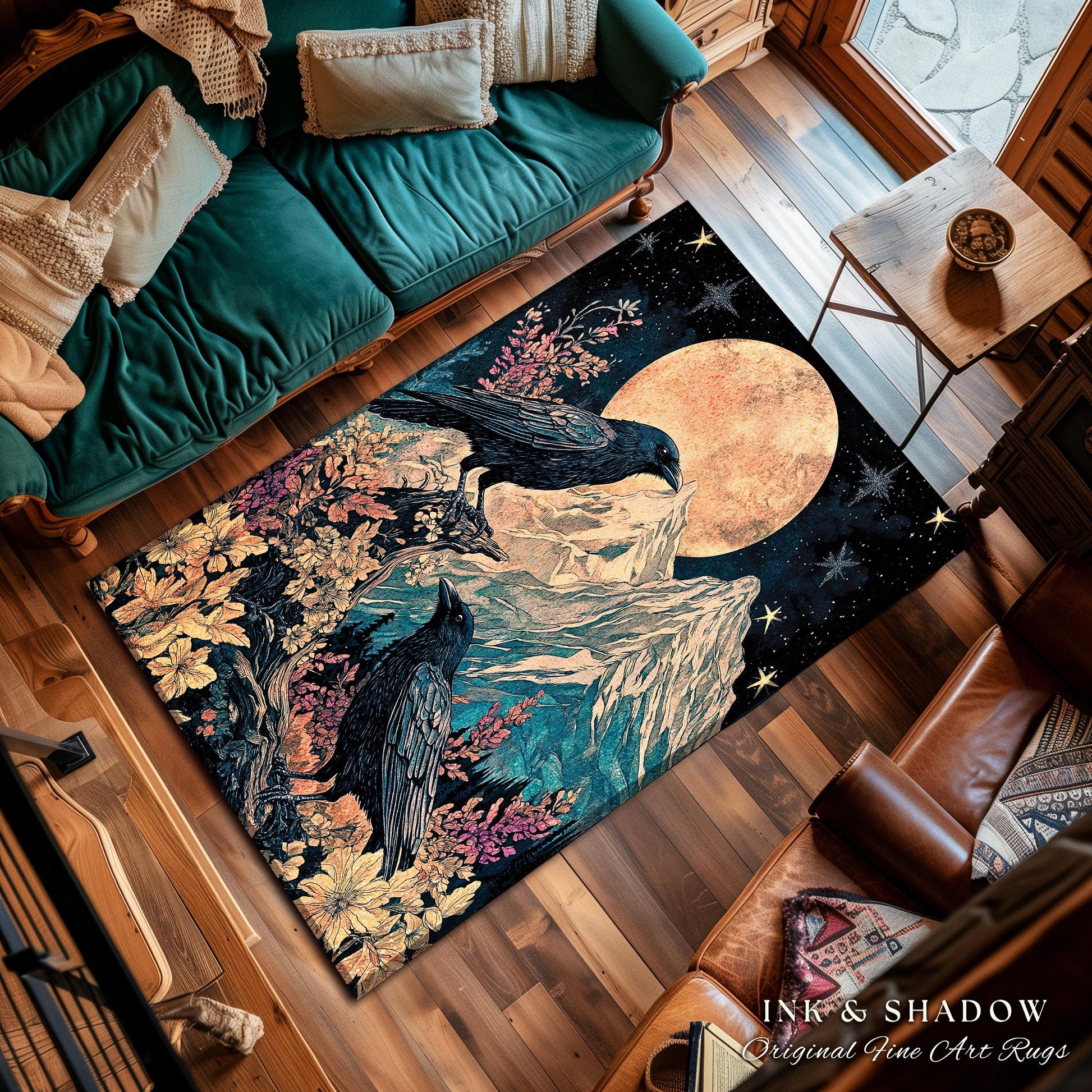 Moonrise Crow Celestial Area Rug | Celestial Woodland Gothic Maximalist Crowcore Bedroom Decor Aesthetic Botanical Room Victorian Raven |