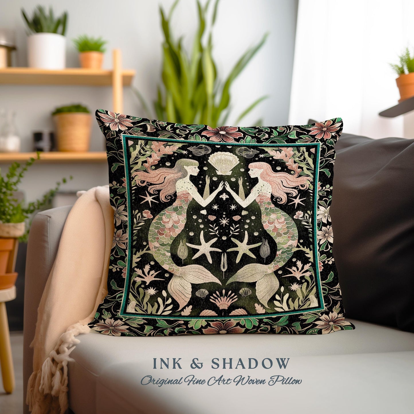 Art Nouveau Mermaid Pillow Coastal Folklore Home Decor | Vintage Seafoam Green Enchanted Ocean Underwater Sea Maiden Woven Tapestry Cushion