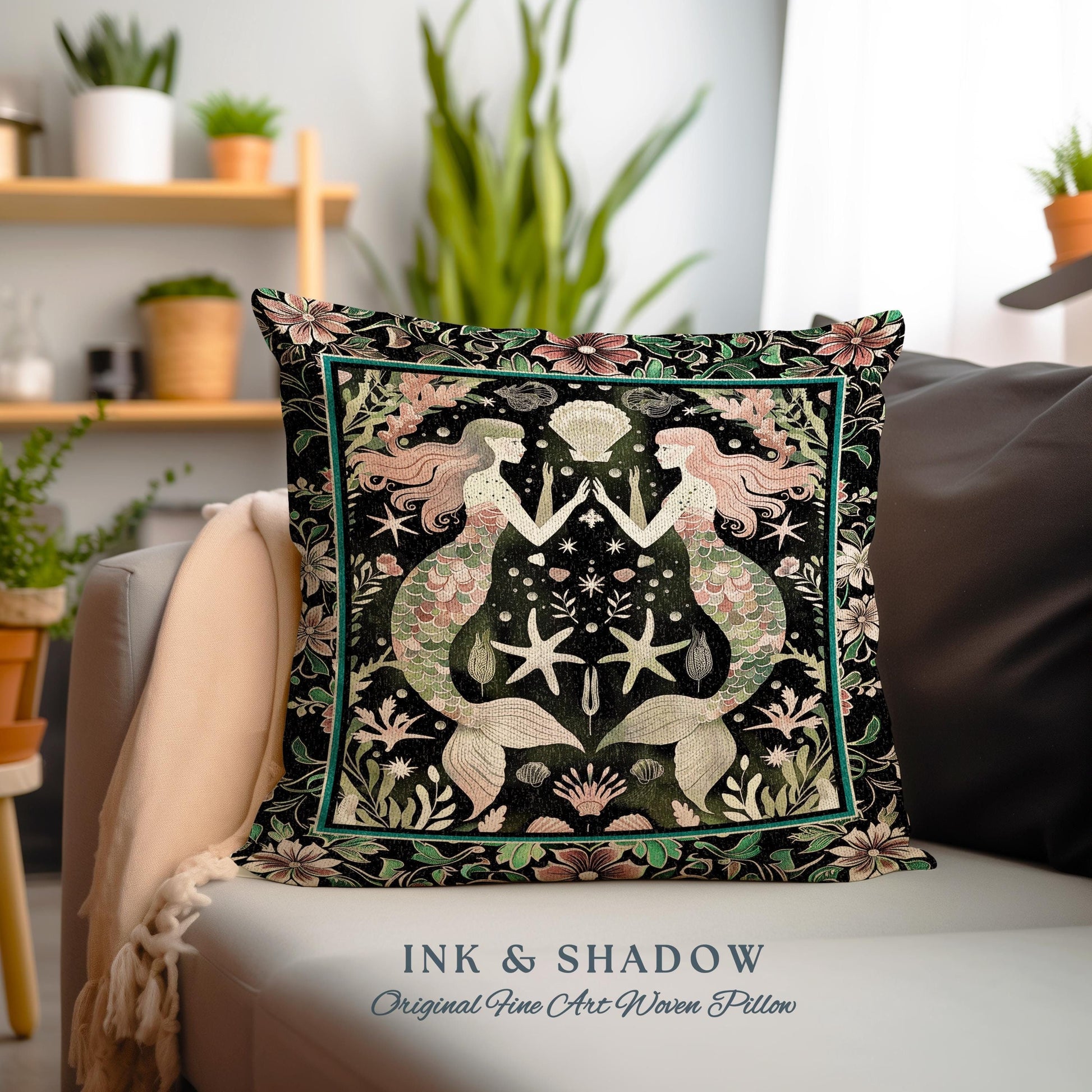 Art Nouveau Mermaid Pillow Coastal Folklore Home Decor | Vintage Seafoam Green Enchanted Ocean Underwater Sea Maiden Woven Tapestry Cushion