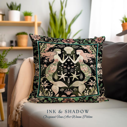 Art Nouveau Mermaid Pillow Coastal Folklore Home Decor | Vintage Seafoam Green Enchanted Ocean Underwater Sea Maiden Woven Tapestry Cushion