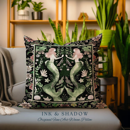 Enchanted Ocean Mermaid Floral Sea Life Pillow Emerald Green Whimsical Coastal Cottagecore, Art Nouveau Underwater Fantasy Tapestry Cushion