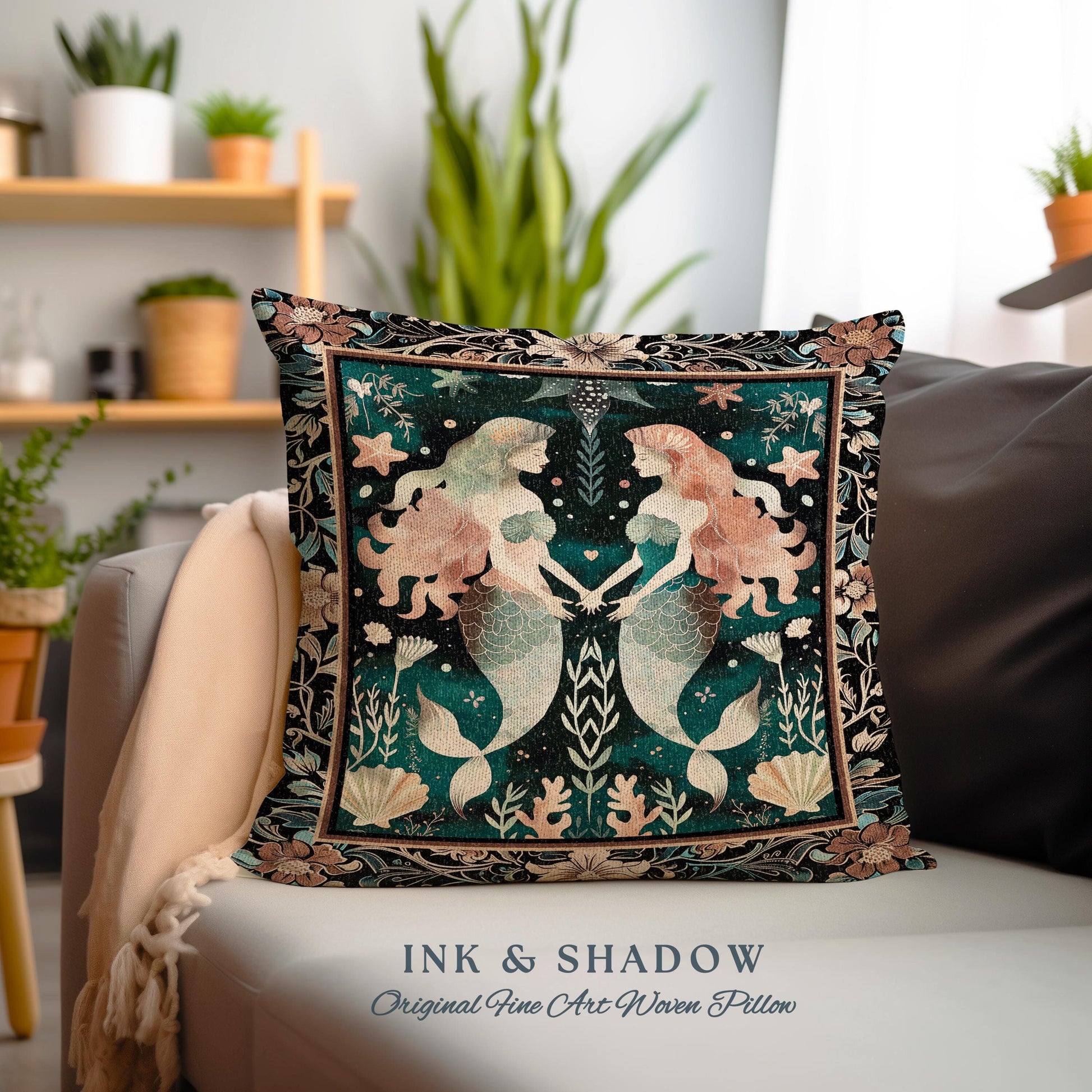 Whimsical Art Nouveau Mermaid Tapestry Cushion Costal Cottagecore, Enchanted Underwater Ocean Folklore Mystical Sea Nymph Nautical Pillow