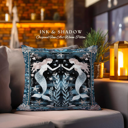 Mystical Midnight Blue Mermaid Pillow Floral Oceanic Tapestry Cushion Art Nouveau Coastal Cottagecore Whimsical Sea Nymph Enchanted Nautical