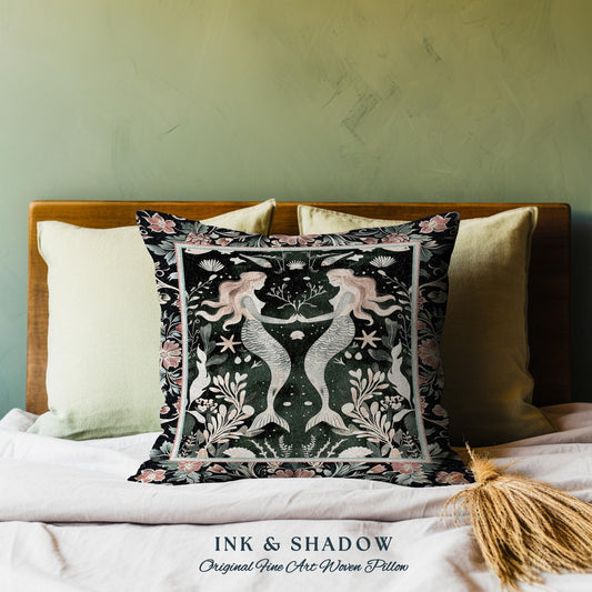 Cottagecore Mermaid By The Sea Costal Dreamy Boho Woven Pillow | Nautical Ocean Folklore Nordic Nostalgia Sirencore Whimsy Tapestry Cushion