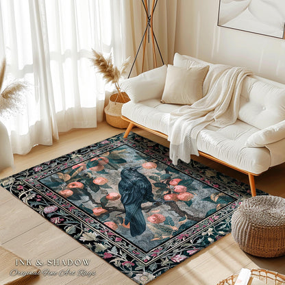 Dark Cottagecore Raven Accent Rug | Woodland Gothic Dark Maximalist Ethereal Bedroom Decor Aesthetic Botanical Room Victorian Gothic Artwork