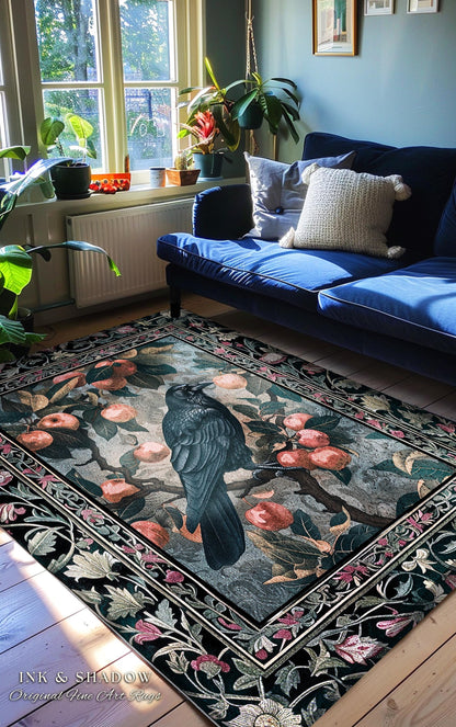Dark Cottagecore Raven Accent Rug | Woodland Gothic Dark Maximalist Ethereal Bedroom Decor Aesthetic Botanical Room Victorian Gothic Artwork