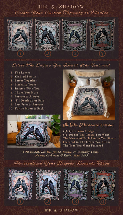 Raven Couple Anniversary Blanket | Crow Core Couple Dark Academia Aesthetic Woven Throw Custom Dating Gift Gothic Tapestry Witchy Decor |