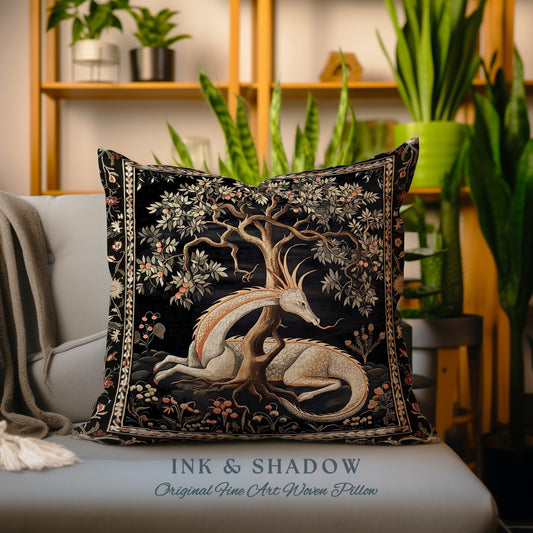 Folklore Dragon Pillow Mystical Medieval Aesthetic Cottagecore Botanical Decor | Fairytale Forest Gothic Woodland Fairycore Tapestry Cushion