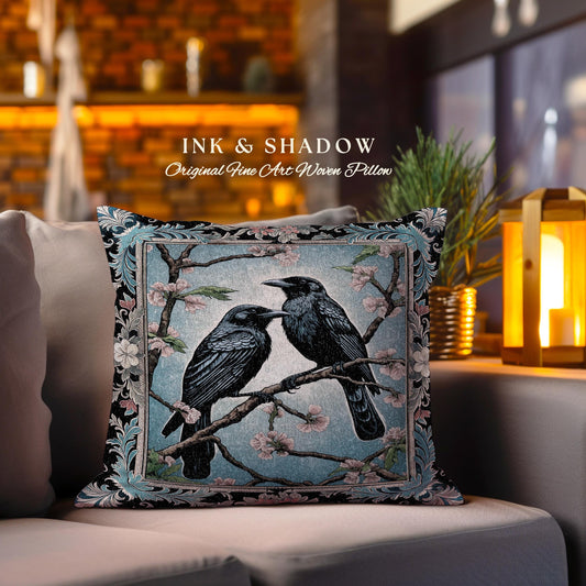 Dark Cottagecore Bird Decor Whimsical Woodland Gothic Raven Pillow, Whimsigothic Crowcore Dusty Blue Enchanted Forestcore Tapestry Cushion