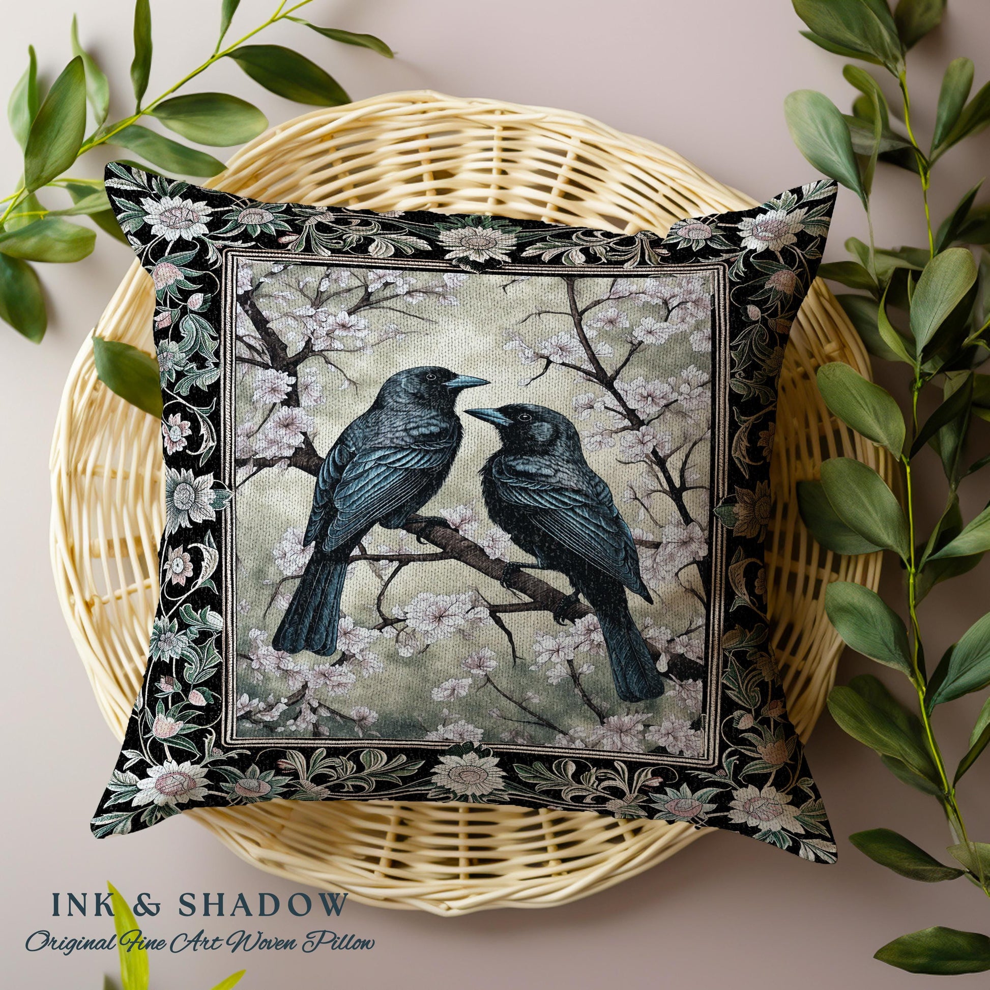 Whimsigoth Floral Raven Pillow Crowcore Whimsical Woodland Gothic Fairycore Grunge, Enchanted Forest Vintage Cottagecore Black Bird Cushion