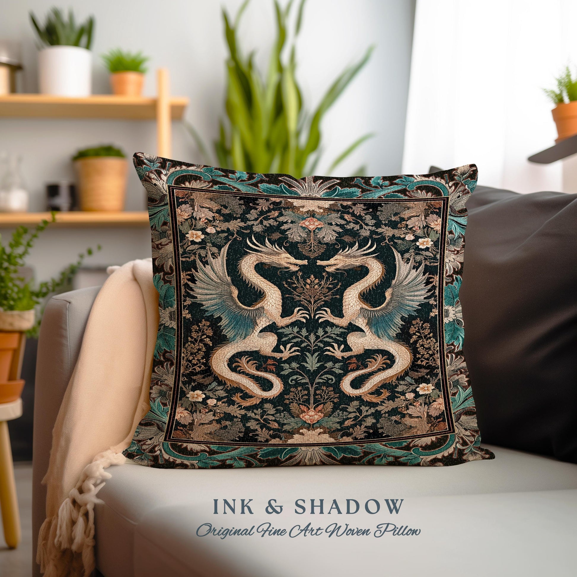 Art Deco Dragon Pillow Antique Mystical Baroque Tapestry Cushion, Abstract Dragon Art Rug Whimsical Aesthetic Home Dark Academia Teal Accent