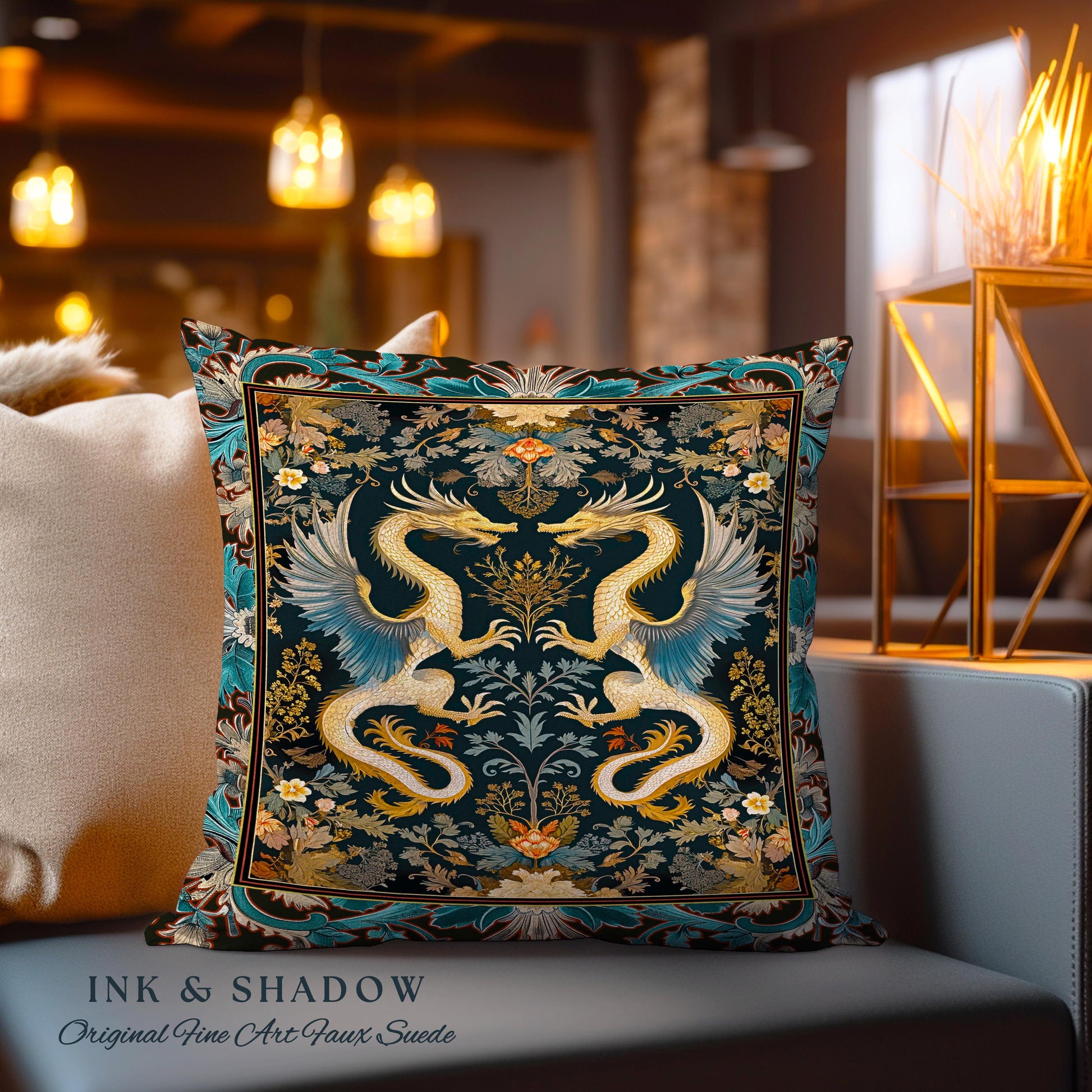 Art Deco Dragon Pillow Antique Mystical Baroque Tapestry Cushion, Abstract Dragon Art Rug Whimsical Aesthetic Home Dark Academia Teal Accent