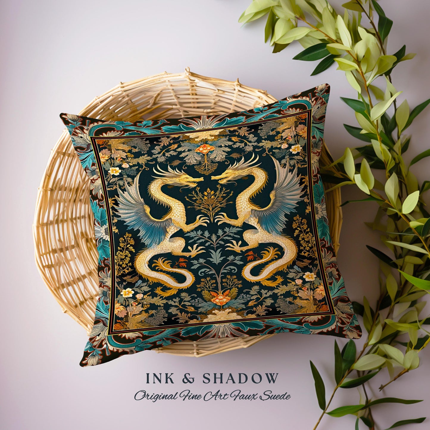 Art Deco Dragon Pillow Antique Mystical Baroque Tapestry Cushion, Abstract Dragon Art Rug Whimsical Aesthetic Home Dark Academia Teal Accent