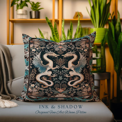 Art Deco Dragon Pillow Antique Mystical Baroque Tapestry Cushion, Abstract Dragon Art Rug Whimsical Aesthetic Home Dark Academia Teal Accent