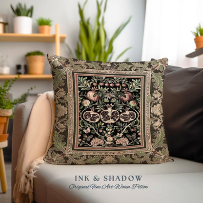 Forestcore Moody Maximalism Pomegranate Pillow Earthy Whimsigothic, Floral Fairycore Grunge Medieval Woodland Gothic Nature Tapestry Cushion