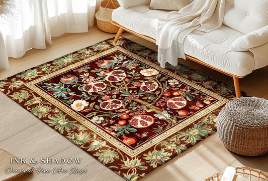 Antique Aesthetic Pomegranate Art Rug Enchanted Garden Cottagecore Decor | Gothic Woodland Whimsy Floral Butterfly Moth Vintage Fairycore