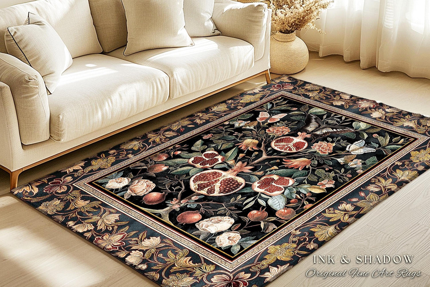 Victorian Gothic Floral Pomegranate Rug Dark Botanical Vintage Aesthetic Decor | Enchanted Forest Butterfly Moth Woodland Wildflower Art