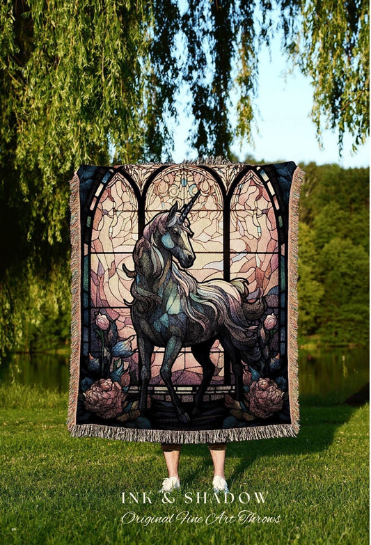 Stained Glass Unicorn Tapestry Woven Blanket | Decor Vintage Unicorn Wall Art Ethereal Tapestry | Magical Unicorn Room Decor Mystical Art |