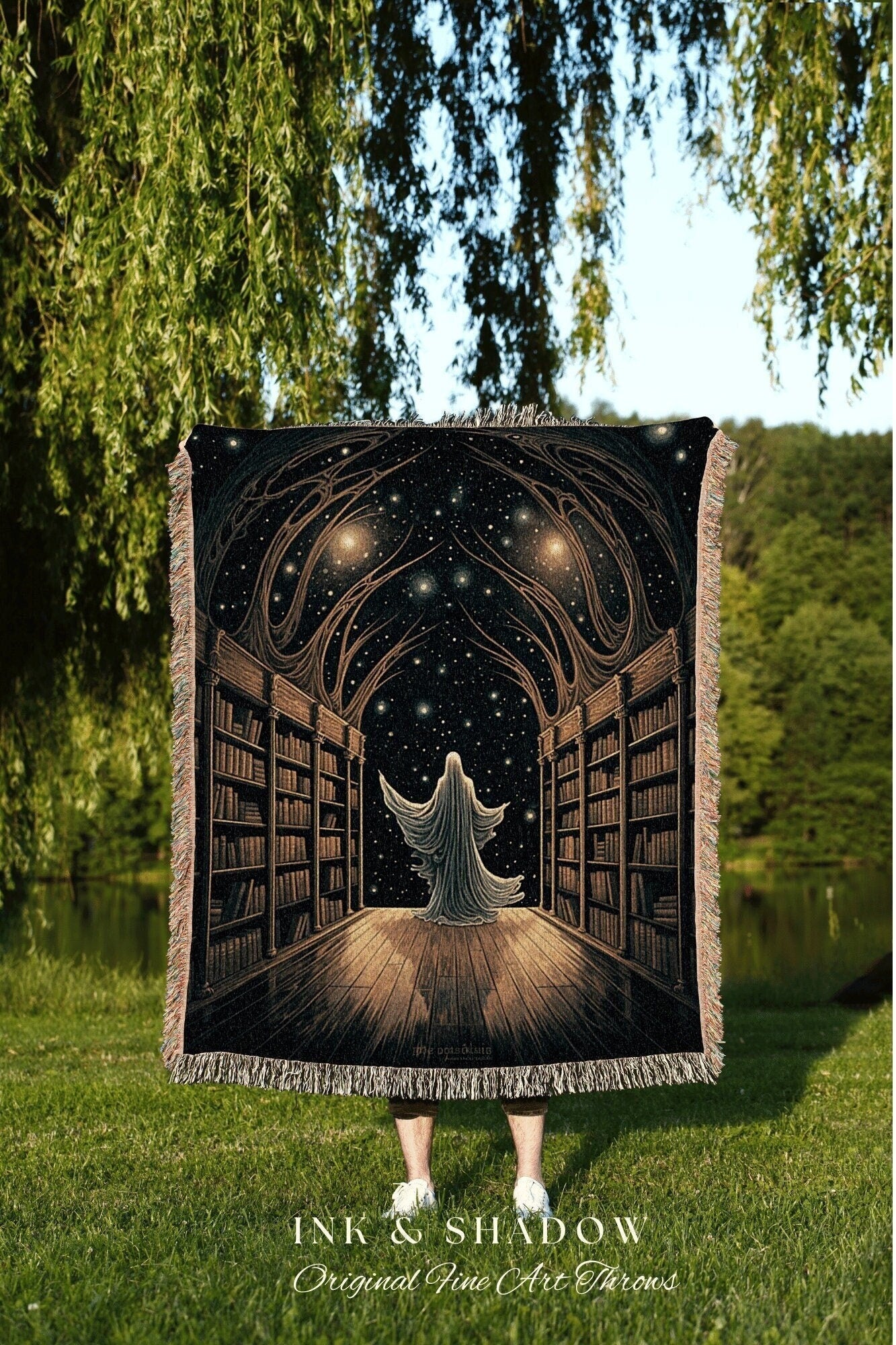 Dark Academia Tapestry Blanket | Ghost in Library Autumn Aesthetic Goth Art Victorian Ghost Painting Vintage Halloween Blanket Reader Gift |