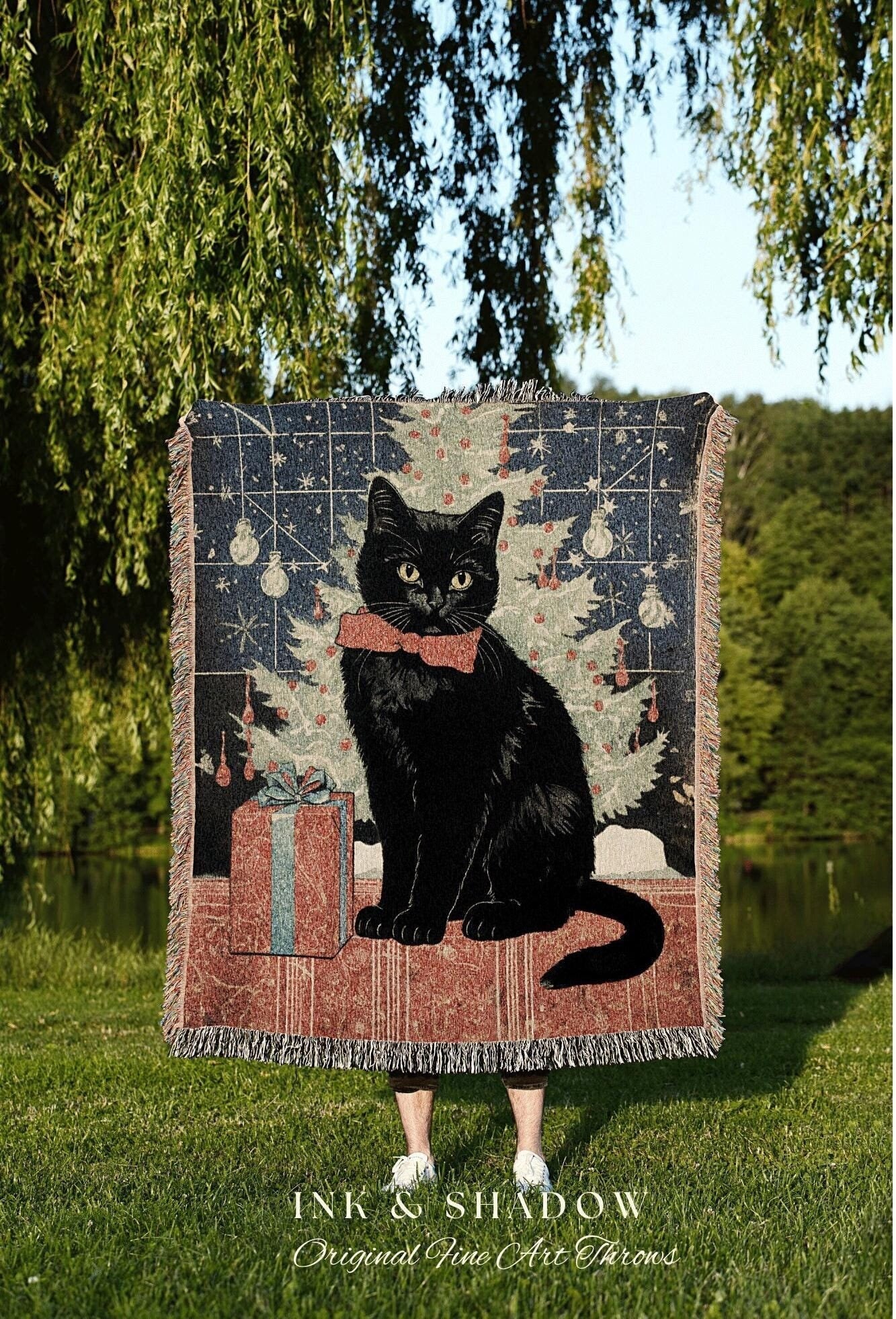 Vintage Yuletide Cat Blanket Woven Tapestry | Whimsical Cat Blanket Eclectic Wall Art Funny Tapestry Whimsigoth Goth Christmas Home Decor |