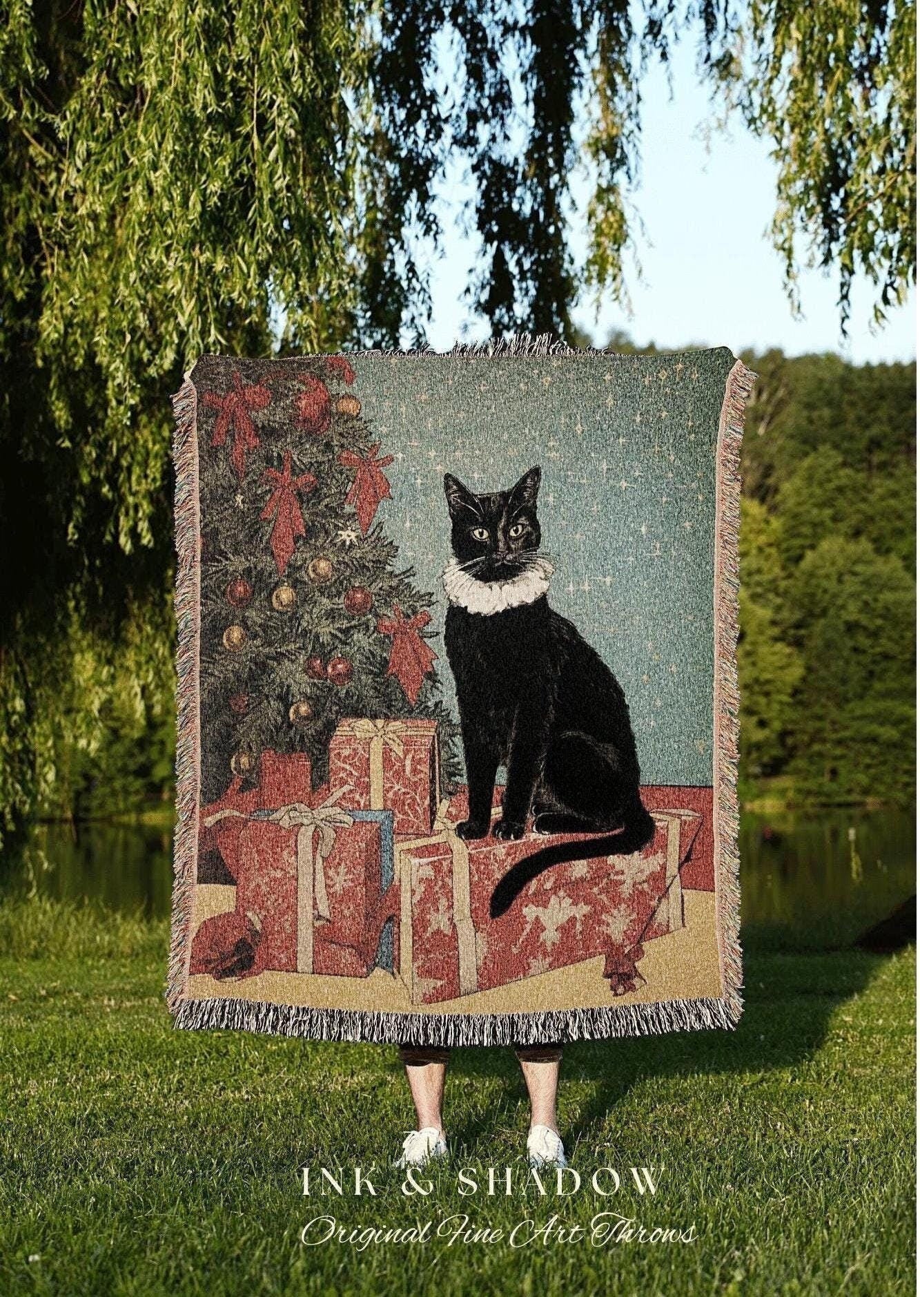 Holiday Cat Tapestry Woven Blanket | Whimsical Cat Blanket Fine Art Wall Art Funny Tapestry Whimsigoth Goth Christmas Room Decor Cute Cat |