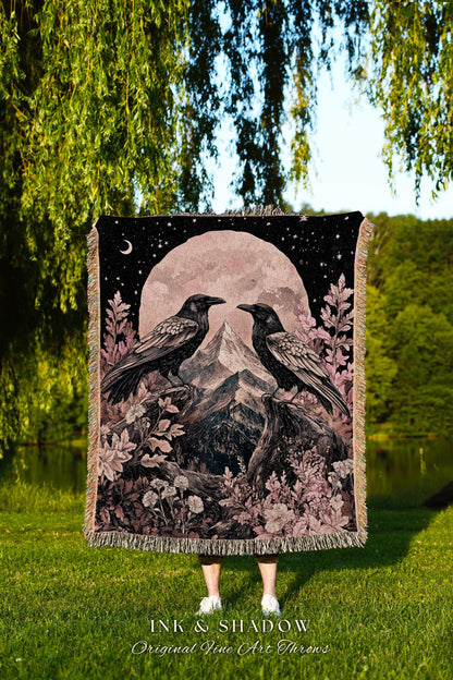 Mauve Pink Raven Tapestry Throw Ethereal Mountain Full Moon Celestial Cottagecore, Pastel Gothic Woodland Whimsy Crowcore Fairy Grunge Art