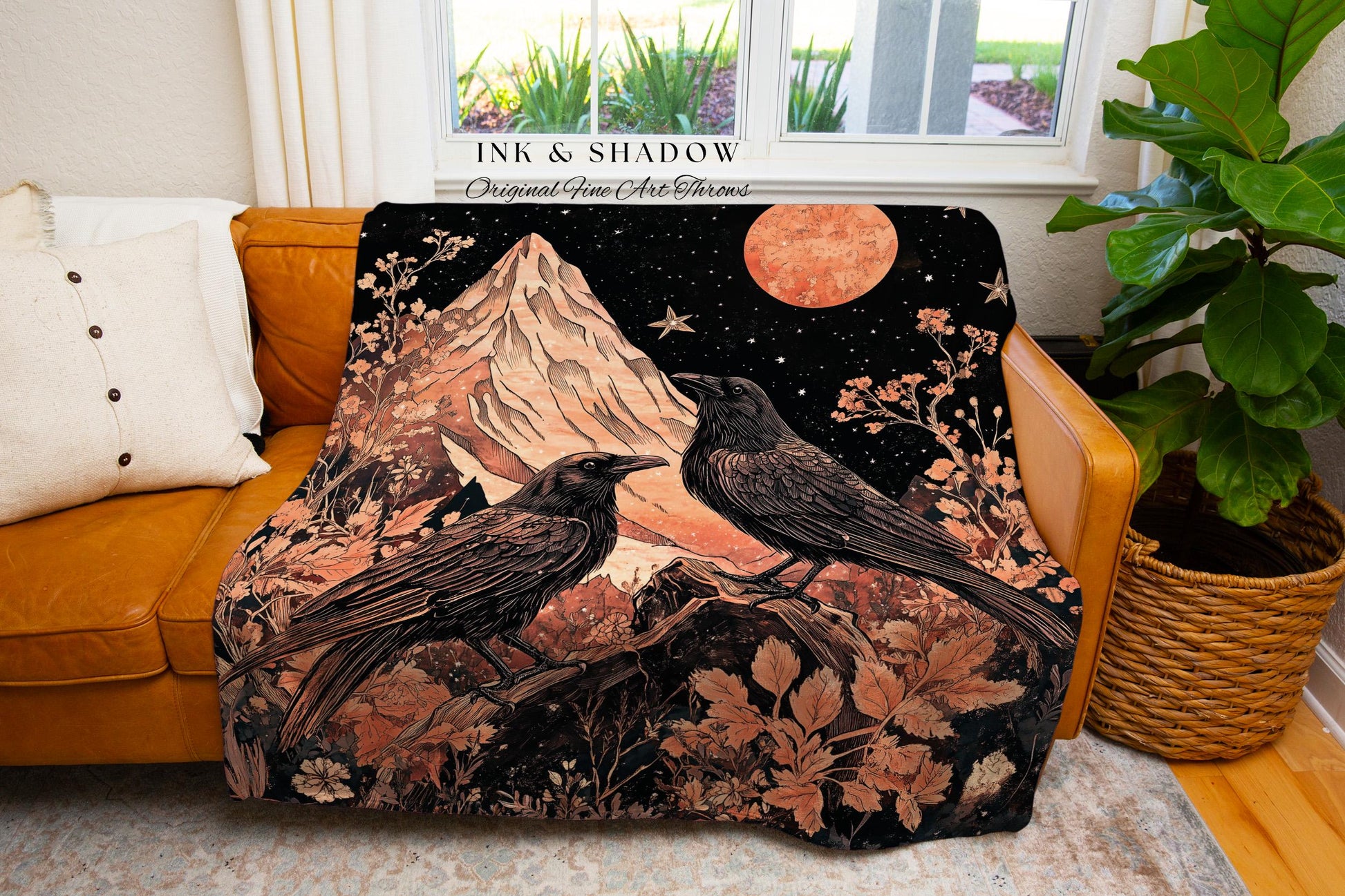 Mountain Moonlit Crow Celestial Gothic Enchantment Blanket , Whimsical Woodland Forestcore Raven Tapestry Vintage Peach Cottagegoth Crowcore