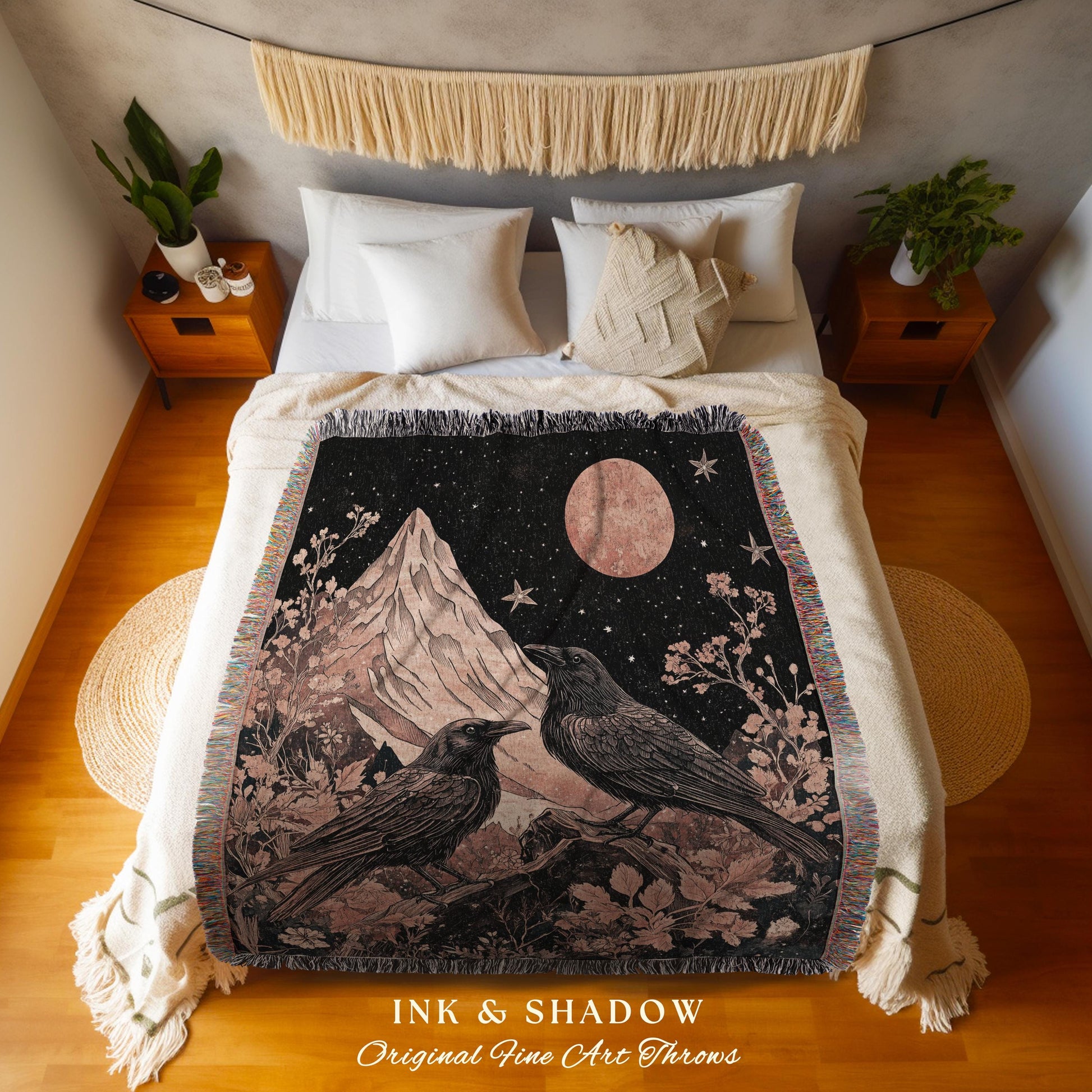 Mountain Moonlit Crow Celestial Gothic Enchantment Blanket , Whimsical Woodland Forestcore Raven Tapestry Vintage Peach Cottagegoth Crowcore