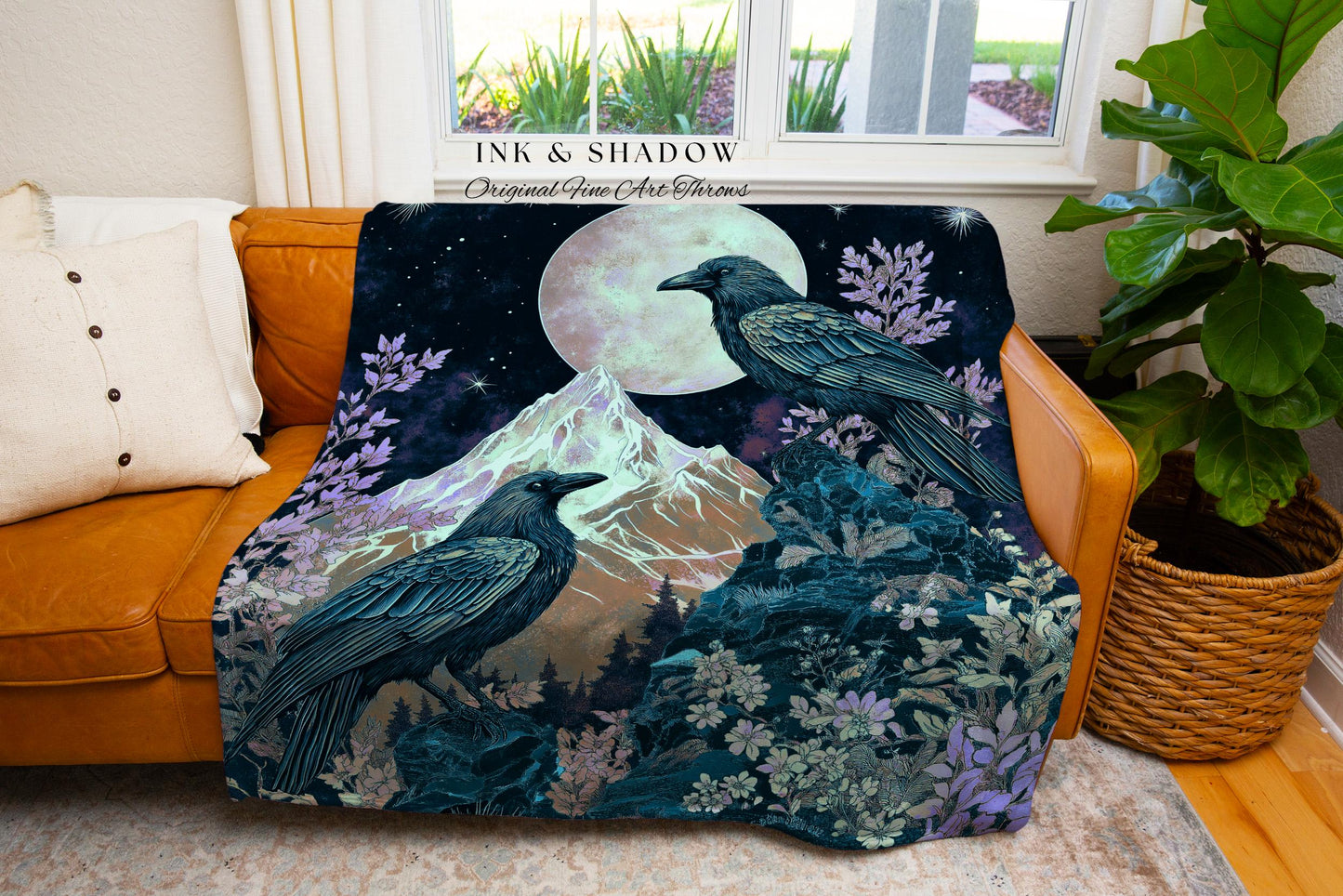 Pastel Gothic Crow Wall Tapestry | Floral Celestial Crowcore Blanket Whimsical Enchantment Floral Woodland Goblincore Raven Bedding Ethereal