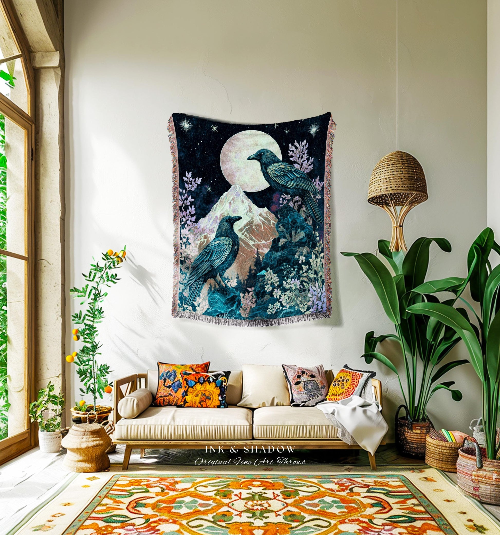 Pastel Gothic Crow Wall Tapestry | Floral Celestial Crowcore Blanket Whimsical Enchantment Floral Woodland Goblincore Raven Bedding Ethereal