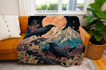 Moonrise Crow Celestial Blanket Woven | Celestial Woodland Gothic Maximalist Crowcore Bedroom Decor Aesthetic Botanical Room Victorian Raven