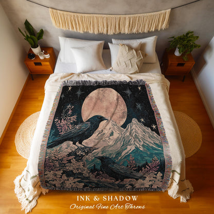 Moonrise Crow Celestial Blanket Woven | Celestial Woodland Gothic Maximalist Crowcore Bedroom Decor Aesthetic Botanical Room Victorian Raven