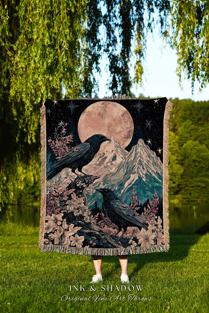 Moonrise Crow Celestial Blanket Woven | Celestial Woodland Gothic Maximalist Crowcore Bedroom Decor Aesthetic Botanical Room Victorian Raven