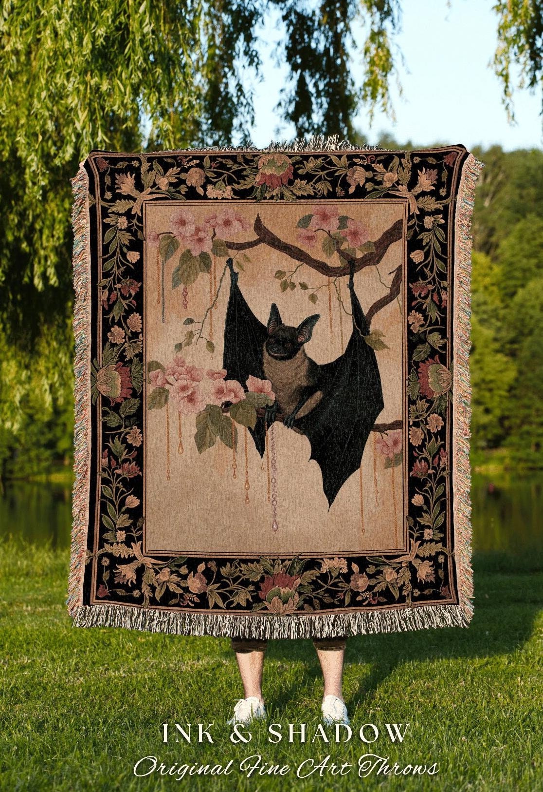 Mystic Bat Throw Blanket Woven | Woodland Gothic Tapestry Crowcore Bedroom Decor Housewarming Gift Bat Lover Wall Art Whimsigoth Victorian