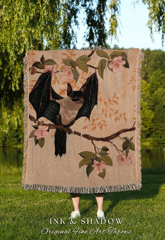 Cherry Blossom Bat Blanket | Cozy Cottagecore Woven Throw Blanket Crowcore Wall Art Bedroom Decor Dark Woodland Bat Victorian Wall Art Cute