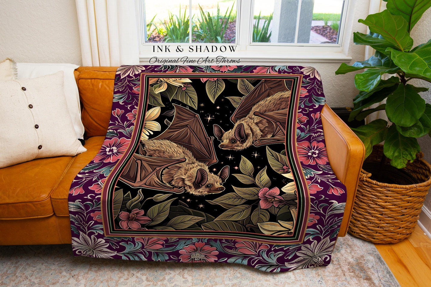 Romantic Victorian Gothic Bat Blanket Whimsical Dark Floral Baroque Forestcore | Ethereal Botanical Woodland Cottagecore Art Tapestry Throw