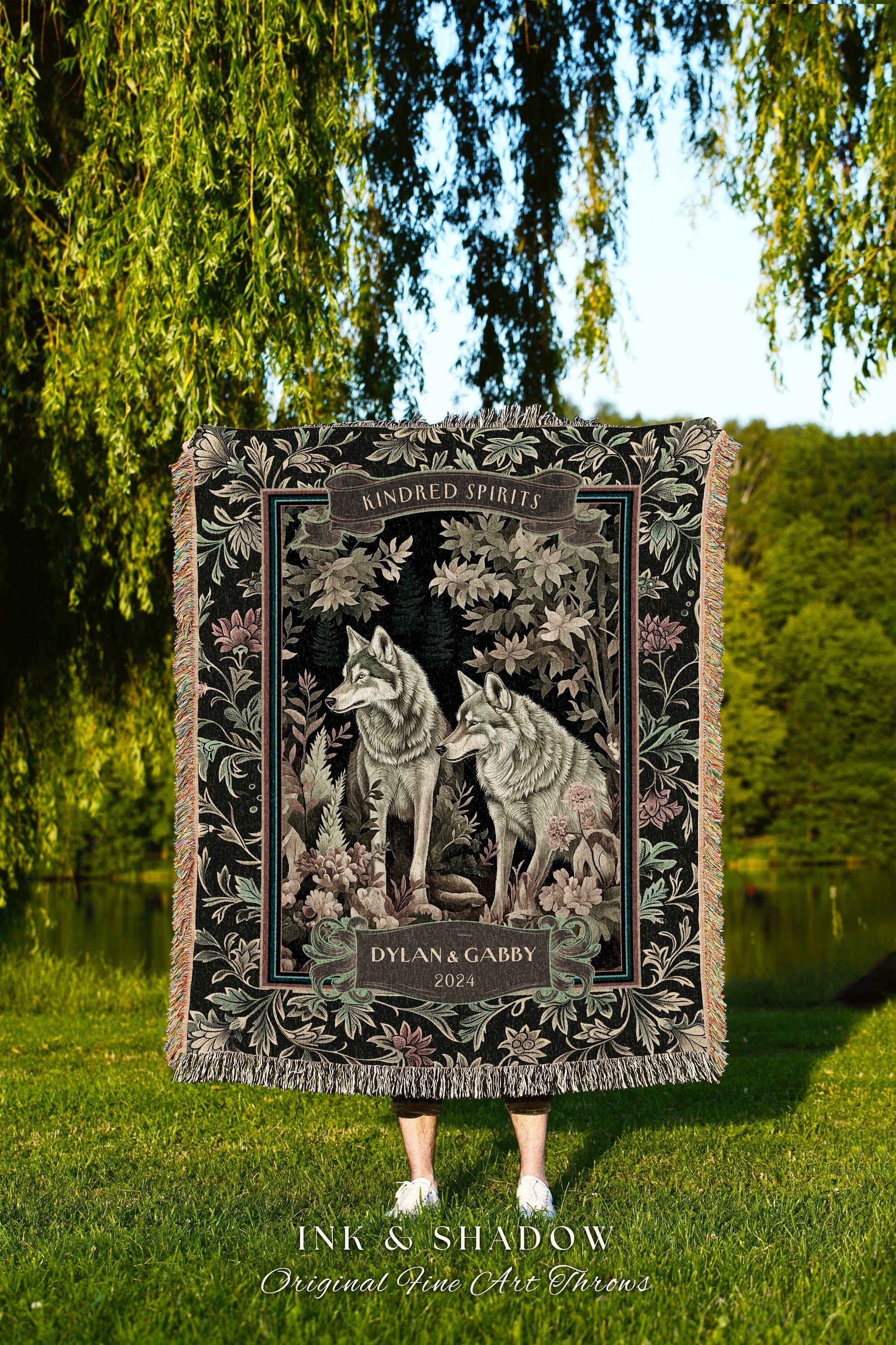 Cozy Wolf Couple Personalized Throw Blanket | Dark Woodland Wolf Lovers Throw Dark Floral Aesthetic Anniversary Relationship Gothic Forest |