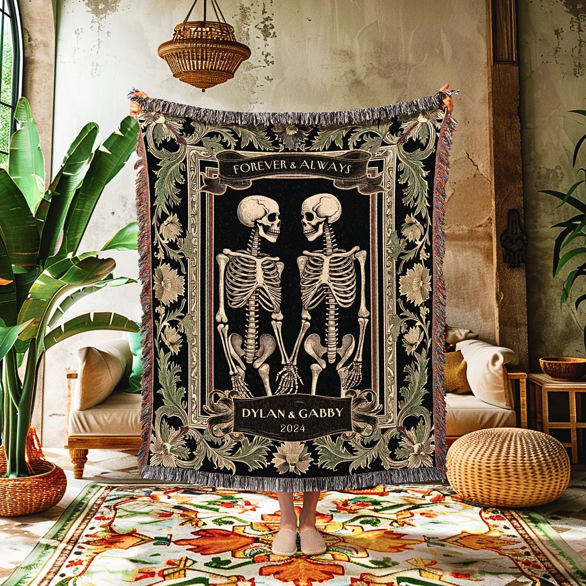 Cozy Anniversary Woven Cotton Blanket Personalized Skeleton Lovers | Custom Whimsigothic Tapestry Wedding Throw Blanket Meaningful Gifts