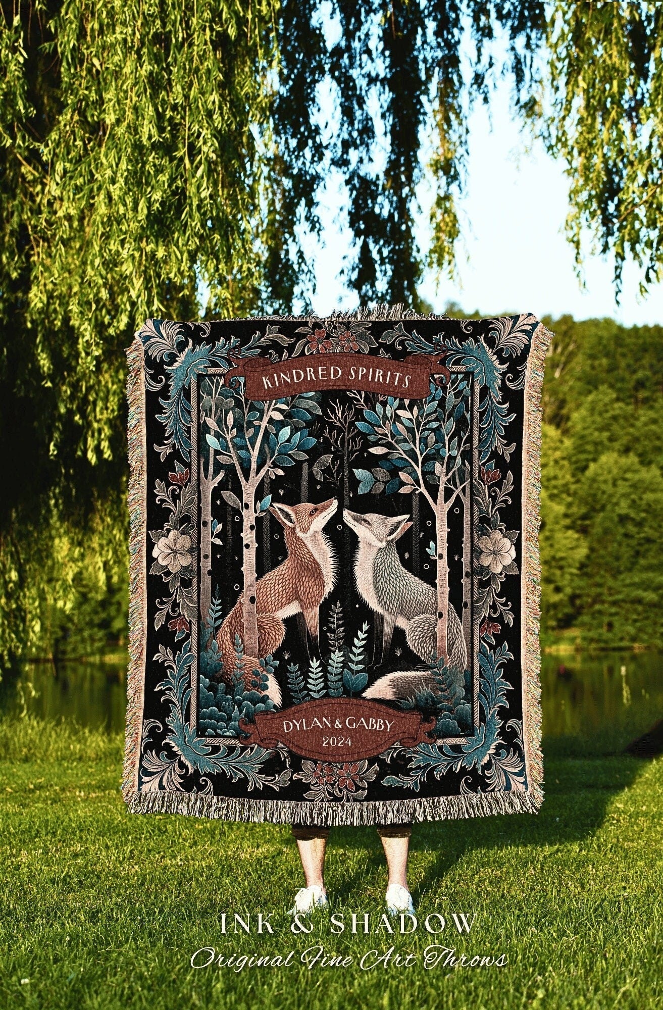 Best Friend Fox Blanket Personalized | Woodland Gothic Fox Blanket Cute Couples Tapestry Custom Dating Anniversary Blanket Bestie Gift |