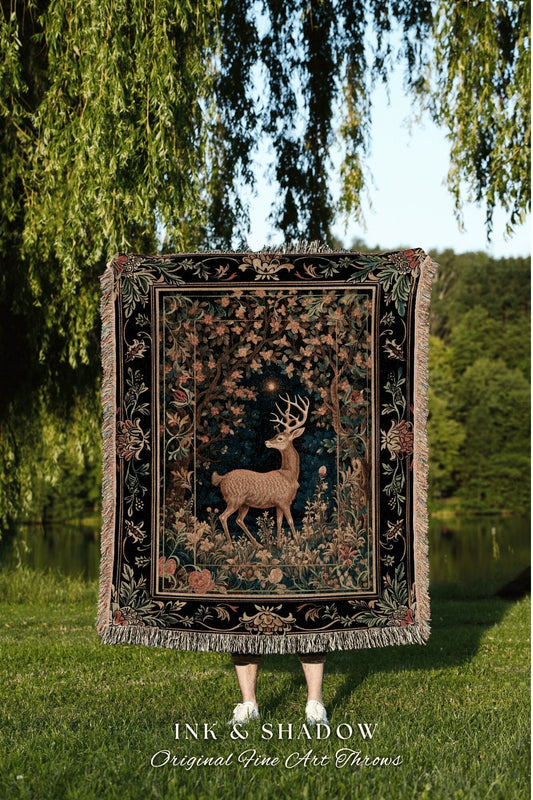 Forest Spirit Mystic Deer Blanket Woven | Cottagecore Room Decor William Morris Inspired Forest Aesthetic Fairycore Tapestry Ethereal Deer