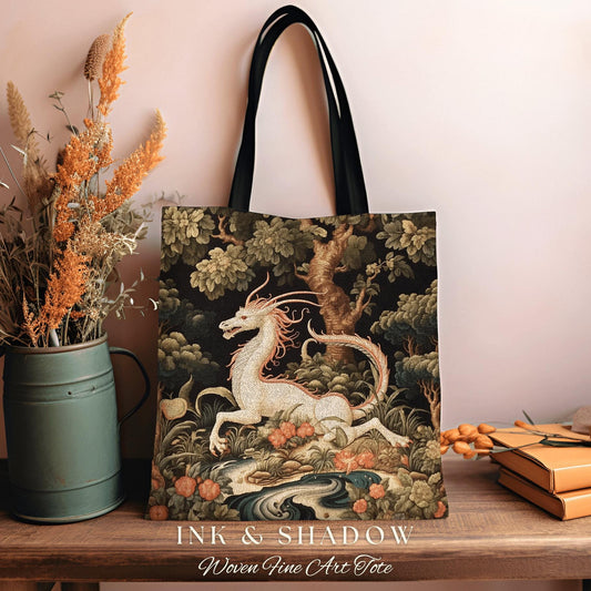 Folklore Dragon Tapestry Tote | Gift for Dragon Lover Dark Cottagecore Satchel Fairy Core Bookbag Pastel Fairycore Tote Medieval Fantasy Bag