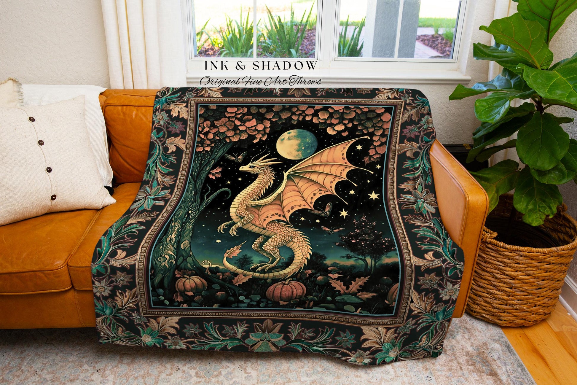 Witchy Whimsigothic Enchanted Night Moonlit Mystic Dragon Blanket Celestial Fairytale Tapestry Throw, Mythical Fantasy Forestcore Art Decor