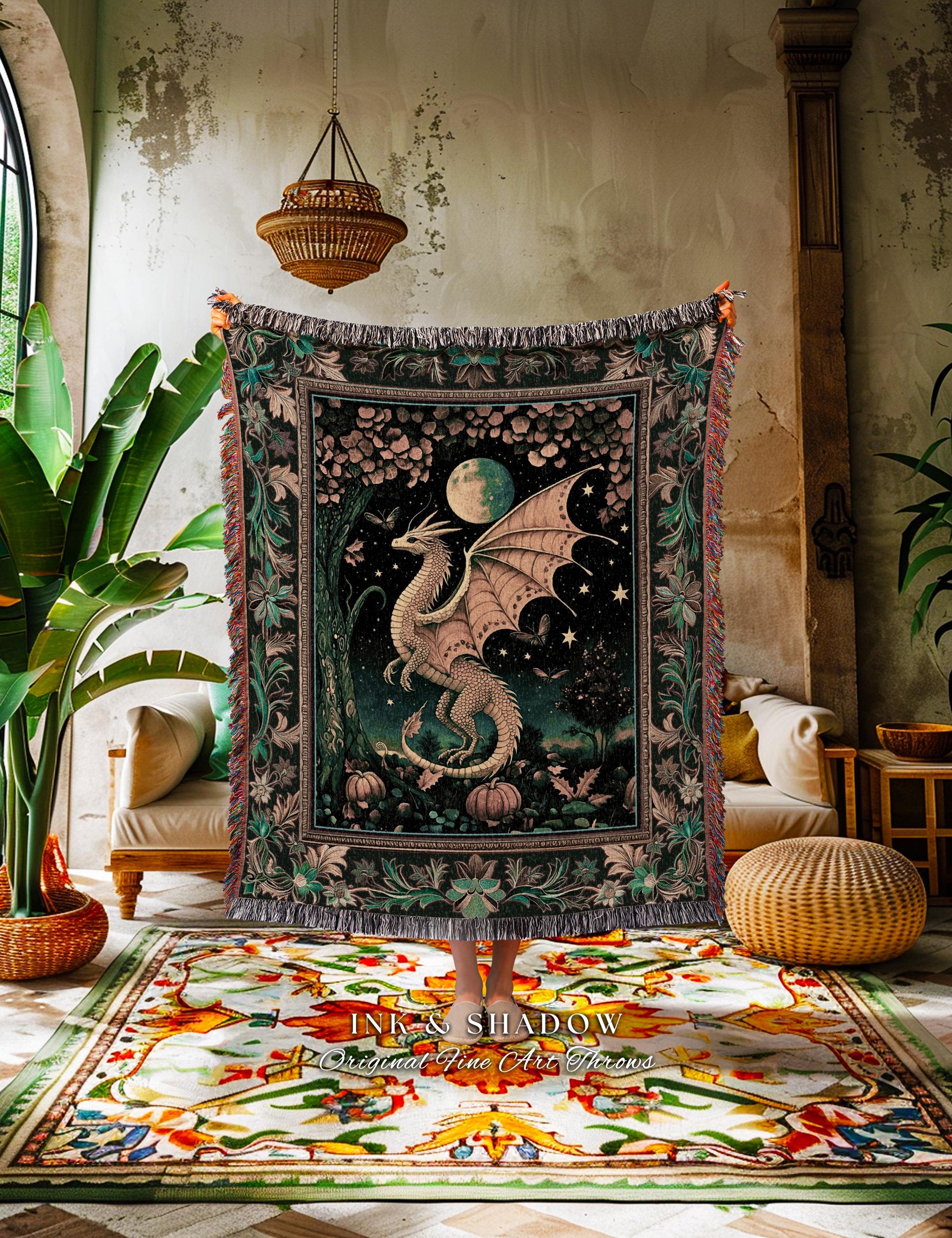 Witchy Whimsigothic Enchanted Night Moonlit Mystic Dragon Blanket Celestial Fairytale Tapestry Throw, Mythical Fantasy Forestcore Art Decor