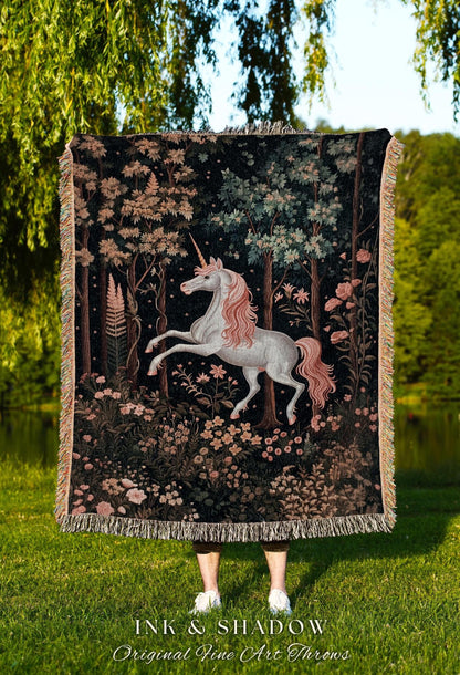 Whimsical Floral Unicorn Blanket Woodland Magical Folklore Aesthetic | Mythical Creatures Enchanted Forest Dark Cottagecore Tapestry Throw