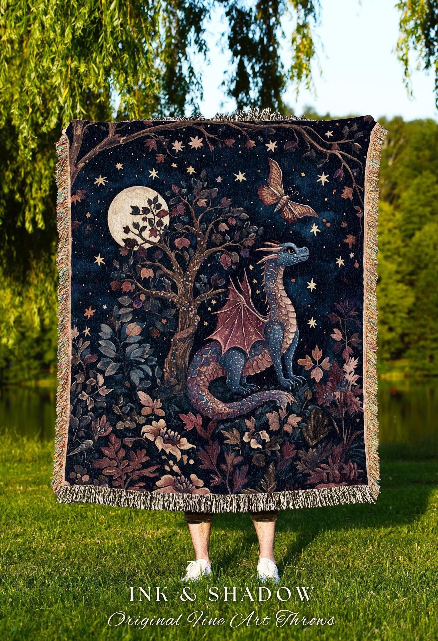 Mystical Night Sky Dragon Blanket Enchanted Woodland Decor | Moonlit Forest Whimsigothic Tapestry Throw Celestial Dark Academia Fantasy Art