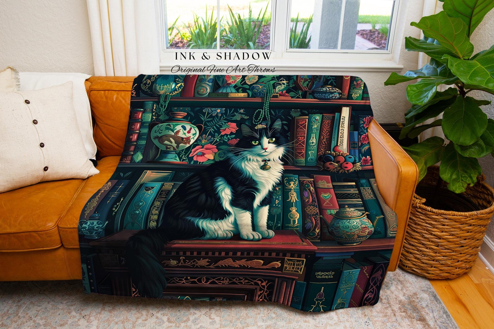 Book Loving Cat Bookshelf Tapestry | Victorian Gothic Gift for Reading Corner Cat Lover Woven Blanket Mystic Room Decor Dark Academia Art